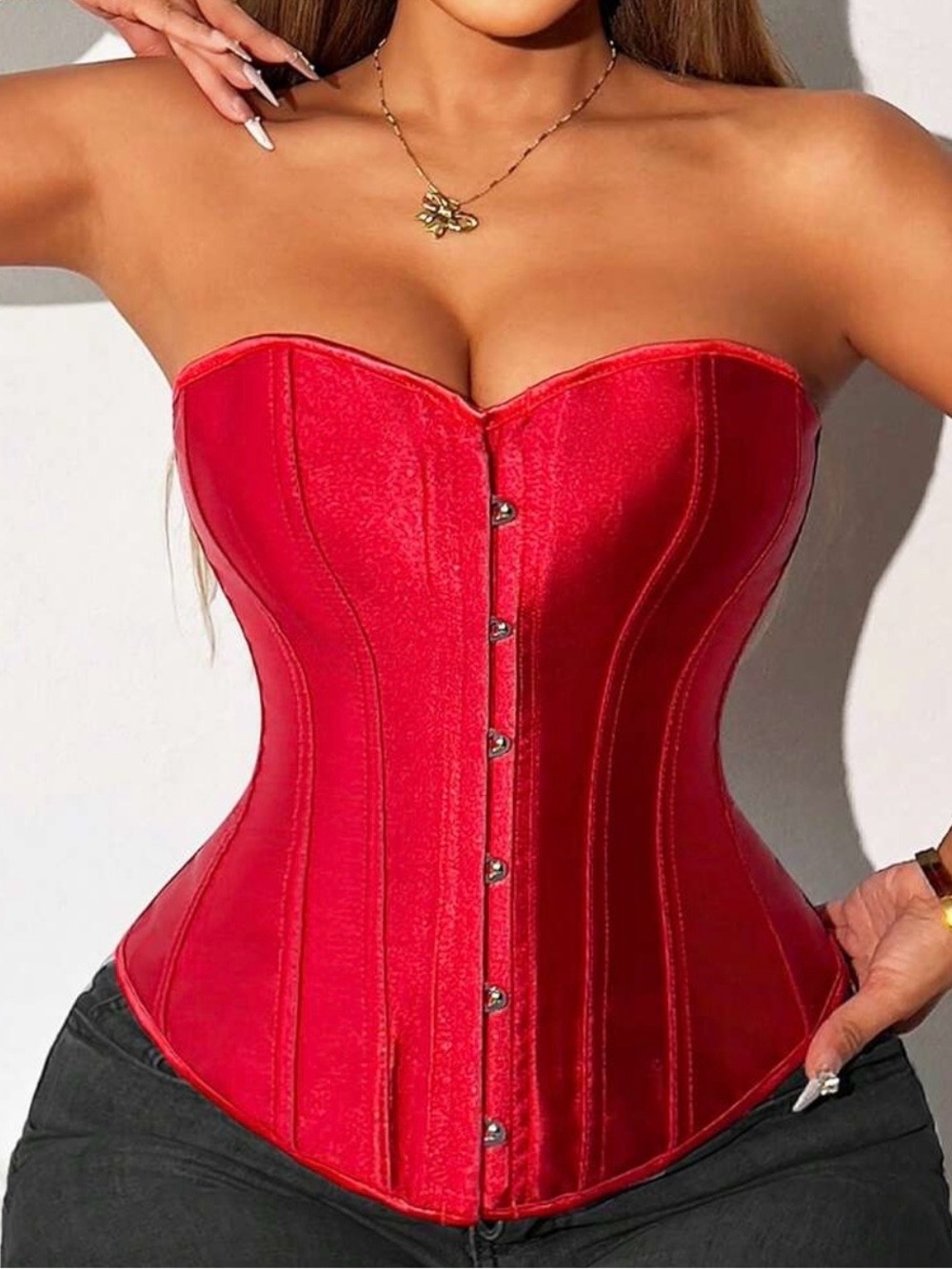 Red Satin Strapless Waist-Training Corset Bustier